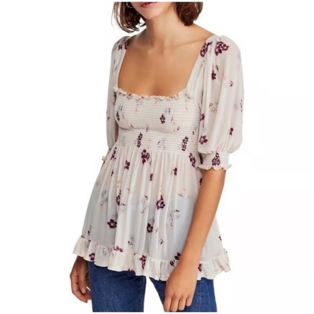 Free People‎ Floral Smocked Peplum Top Puff Sleeve Cream Purple Blouse